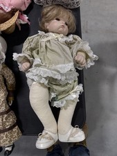 Vintage Porcelain Baby Doll with Blonde Hair, Blue Eyes, White Eyelet Lace Bonnet and Gown — listing 5