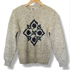 Vintage 1980s Suburban Petites Cream Beaded Bow Mock Neck Sweater, Women's Medium