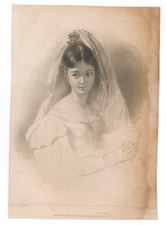 Vintage Victorian-Style Hand-Colored Etching Print of Young Woman in Garden, Carved Wood Frame with Linen Mat — listing 6