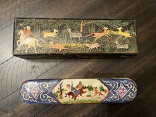 Antique Oval Black Lacquered Papier-Mâché Tray with Chromolithograph Farmhouse Landscape — listing 6