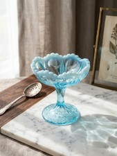 White Opalescent Ruffled-Edge Footed Compote with Beaded/Hobnail Pattern — listing 5