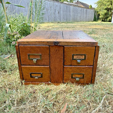 Vintage Wooden Card Catalog File Drawers (Set of 2), Mahogany with Brass Label Holders — listing 2