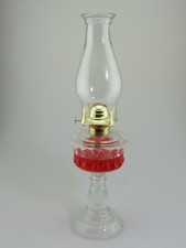 Antique Pressed Glass Pedestal Oil Lamp with Beaded Chimney and Scroll Base — listing 2