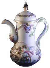 Antique Ivory Porcelain Coffee Pot with Gilt Scalloped Rim and Molded Floral Relief — listing 4