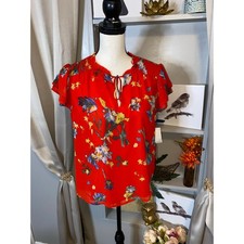 CeCe Island Oasis Floral Ruffle-Sleeve Blouse, Tropic Night, Size L