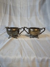 Vintage Silverplate Covered Sugar Bowl and Creamer Set with Gadroon Band and Scroll Handles — listing 3
