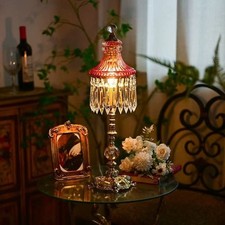 Vintage Stacked Crystal Glass Table Lamp with Pleated Silk Shade — listing 2