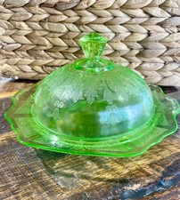 Green Uranium Depression Glass Bread & Butter Plate, 5.5 inch, Cameo/Ornate Scroll Pattern — listing 6