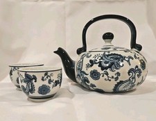 Blue and White Chinoiserie Floral Tea Set with Gold Trim (Teapot, Sugar Bowl, Creamer) — listing 3
