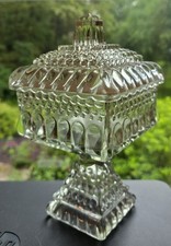 Vintage Pressed Glass Square Pedestal Covered Compote / Wedding Box with Steeple Finial — listing 4