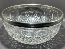 Vintage Cut Glass Serving Bowl with Silver-Plated Rim, Diamond & Fan Pattern, 9in — listing 6