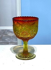 Amberina Pressed Glass Footed Goblet with Hobstar and Fan Pattern
