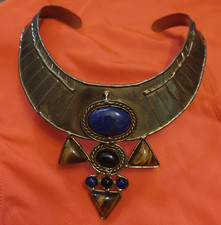 Vintage Egyptian Revival Matte Gold-Tone Link Necklace with Black Cabochons — listing 4