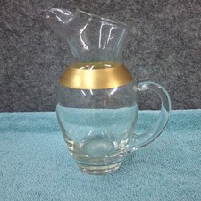 Mid-Century Gold Band Clear Glass Wine Carafe / Pitcher with Applied Handle