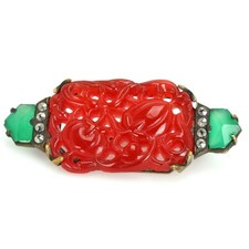 Czech Art Deco Filigree Bracelet Fragment with Marbled Green Peking Glass Cabochons