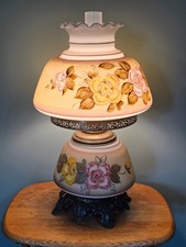 Vintage Pewter Tankard-Style Table Lamp with Hand-Painted Orange Rose Glass Shade — listing 2