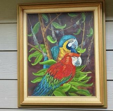 Original Oil Painting of Two Green Parrots (Superb Parrots) Signed Mariott, Gilt Framed — listing 4