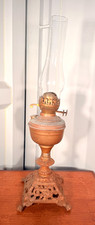 Antique Victorian Duplex Oil Lamp with Pink Hand-Painted Floral Font and Cranberry Frilled Glass Shade, 20 inches Tall