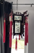 Chinese Palace Lantern with Carved Wood Frame, Dragon Motifs, Painted Glass Panels, Jade-Look Beads and Silk Tassels