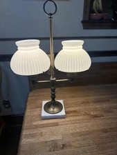 Vintage Double Student Lamp with Cobalt Blue Glass Fonts, Etched Glass Chimney Shades, Brass Column and Marble Base — listing 4