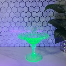 Uranium Glass Footed Compote with Ruffled Rim and Etched Floral Design, listing 6