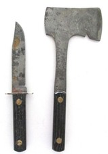 Vintage Hunting Knife and Hatchet Combo Set with Tooled Leather Belt Sheath