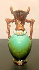 Antique French Barbotine Majolica Twin-Handled Vase with Applied Roses and Lilacs — listing 6