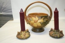 Roseville Pottery Clematis Pattern Handled Basket Vase, Rose/Brown — listing 4