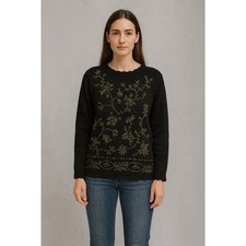 Vintage Victoria Jones Black Ramie/Cotton Beaded Floral Sweater with Crochet Trim — listing 2