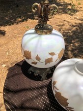Vintage Hollywood Regency Table Lamp with Cream Glass Rose-Painted Font and Ornate Cast Metal Base — listing 4