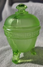 Green Uranium Depression Glass Ribbed Powder Jar / Covered Candy Dish, 3.5" Tall