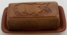 Vintage Terracotta Redware Covered Butter Dish with Embossed Floral Swag Motif — listing 2