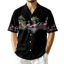 Men's Short-Sleeve Flamingo Print Button-Up Shirt — listing 5