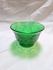 Anchor Hocking Green Uranium Depression Glass Swirl Covered Candy Dish with Pointed Finial, 5 in Tall