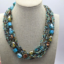 Multi-Strand Blue & Green Seed Bead Torsade Necklace — listing 3