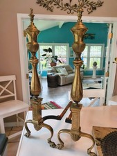 Antique Brass Andirons Pair, Federal Style with Lemon-Top Ball & Steeple Finials, Cabriole Legs and Slipper Feet — listing 4