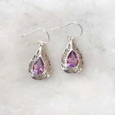 Sterling Silver Oval Amethyst Drop Earrings with Filigree Settings, Leverback — listing 3