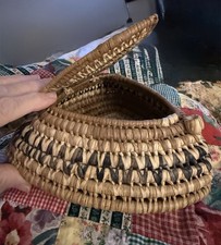 Vintage Coiled Lidded Basket with Geometric Diamond Motif — listing 5