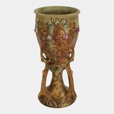 Pair of Weller Woodcraft 7" Twin-Handled Bud Vases with Applied Plum & Foliage, listing 2
