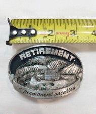 Vintage "Retired - No Phone, No Address, No Clock, No Money" Enamel Belt Buckle, Made in USA, #2359 — listing 3