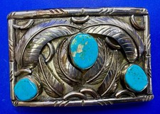 Vintage Southwestern Style Oval Belt Buckle with Turquoise Stones and Feather Motif