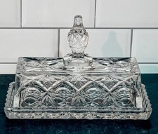 Cut Glass Lid with Pointed Finial, Clear Diamond & Bar Cut Pattern (5.25" x 4")