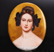 Antique Hand-Painted Porcelain Portrait Miniature of Two Women in Landscape, Oval Ebonized Frame — listing 3