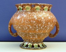 Art Deco Cream Ceramic Twin-Handled Fluted Mantel Vase with Green Trim — listing 2