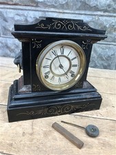 Antique Victorian Black Enameled Iron Mantel Clock with Ram's Head Ornaments and Copper Dial — listing 3