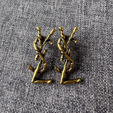 YSL Vintage Gold-Tone Navy Enamel Logo Clip-On Earrings — listing 2