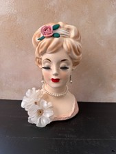 Vintage Inarco E-774 Lady Head Vase with Mint Hat, Pearl Earrings & Hand to Cheek — listing 4