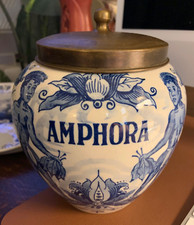 Vintage Delft Blue Hand-Painted 'Amphora' Tobacco Jar with Brass Lid — listing 3