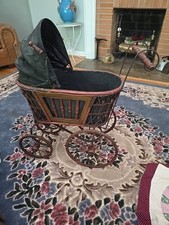 Antique Wicker Doll Carriage Pram with Metal Spoke Wheels and Folding Hood
