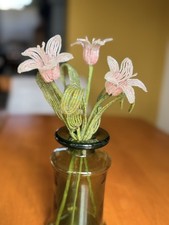 Antique French Beaded Flower Posie - 6 White Glass Seed Bead Daisies with 4 Green Leaves, 1930s — listing 2